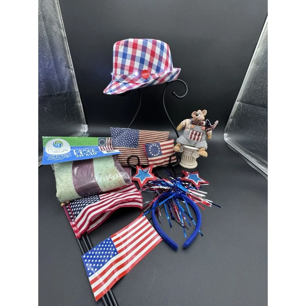 4th Of July Bundle Russ Patriotic Bear Blinking Hat Red White Blue USA Freedom